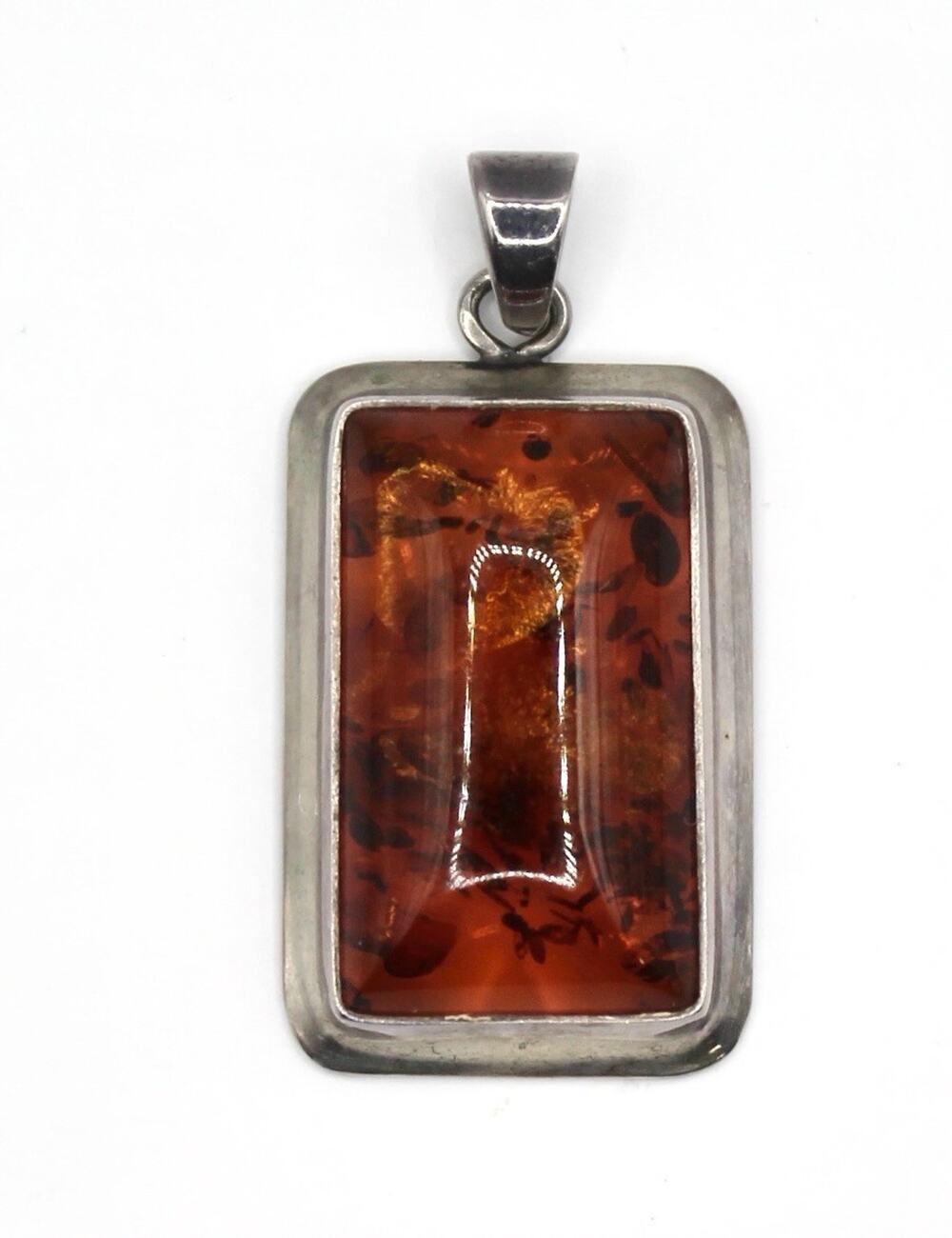 Vintage .925 Sterling Silver Faux Amber Rectangular Pendant